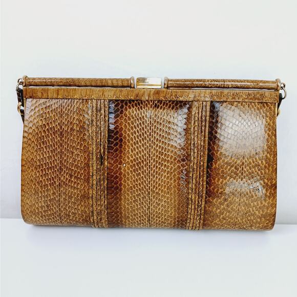Vintage Genuine Snakeskin Clutch Purse With Chain Brown Cobra Head Markings - Picture 8 of 10